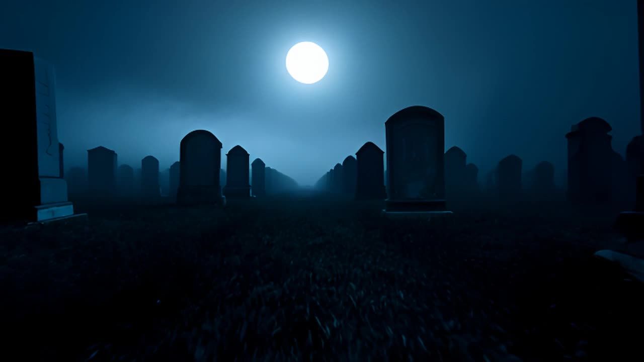 墓地，墓碑，夜晚，月光，雾气，穿过坟墓前进低角度，