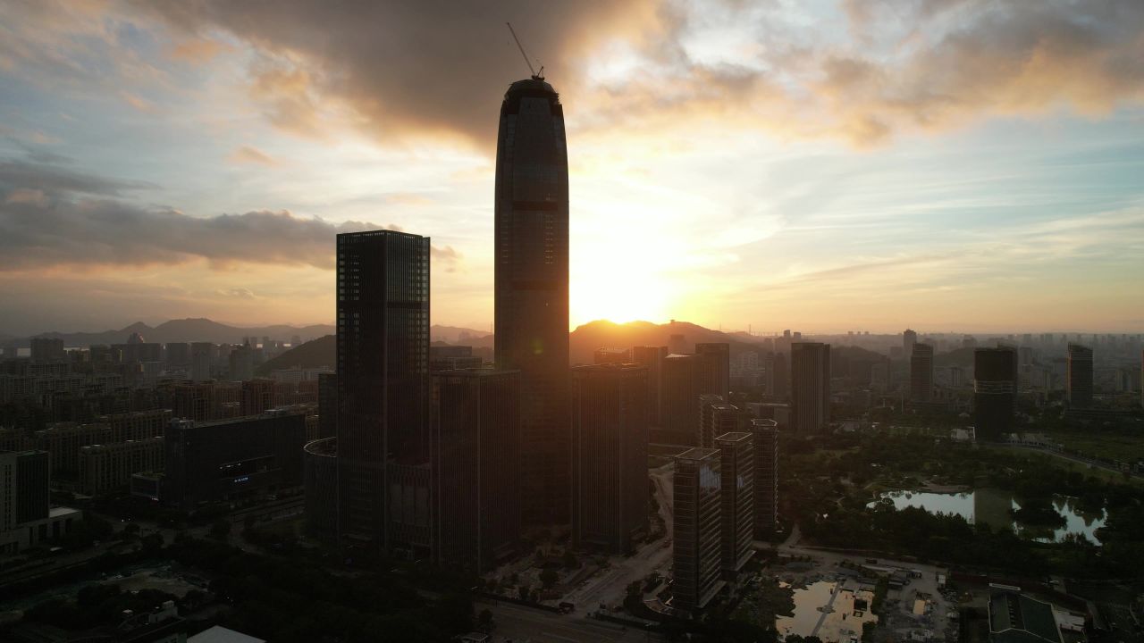  浙江台州城市高楼日出彩霞航拍