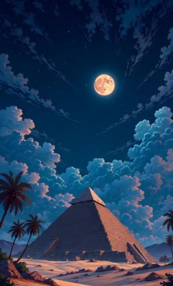月夜金字塔下，棕榈树与浮云相伴