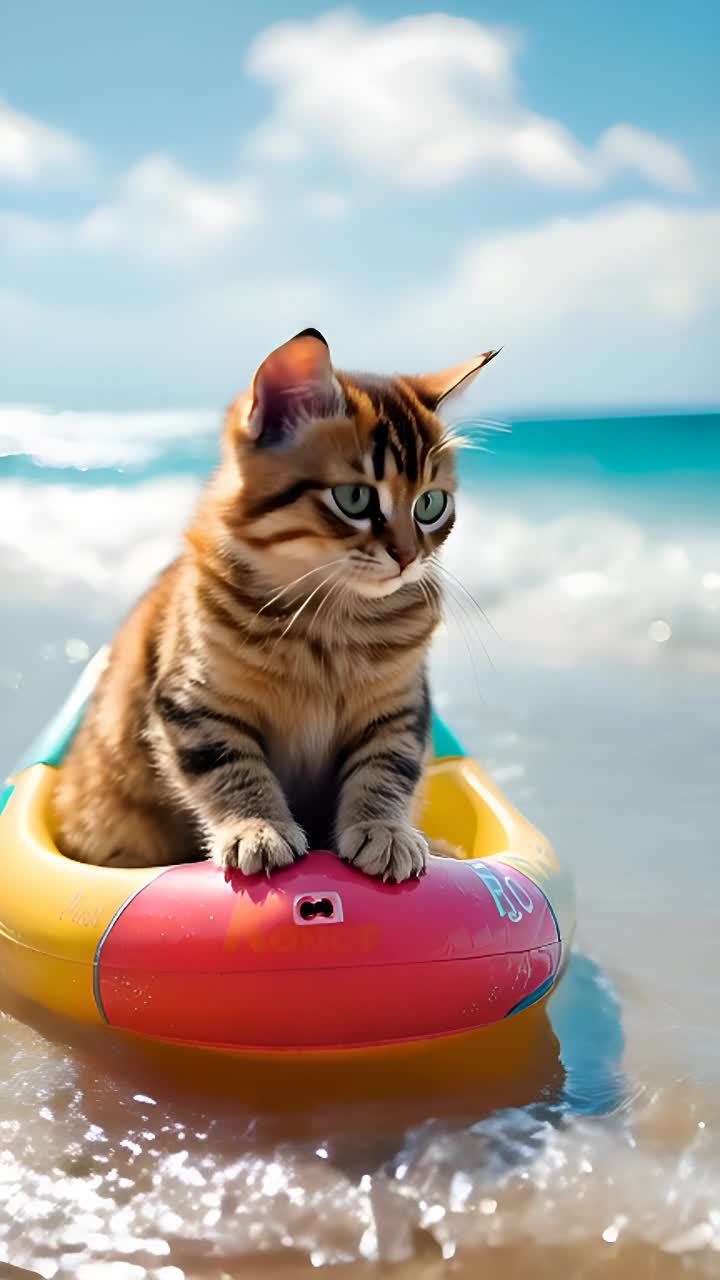 一只橘棕色的小猫舒适地坐在鲜艳的红黄色充气船里，在