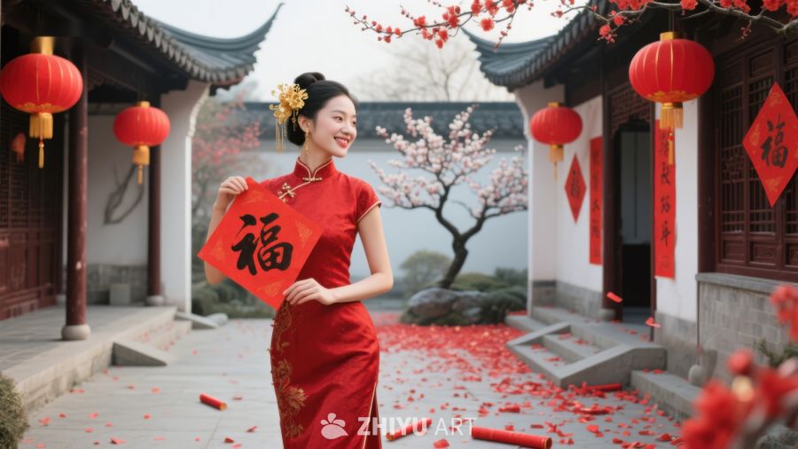 女子身着红裙手持福字庆祝春节 692