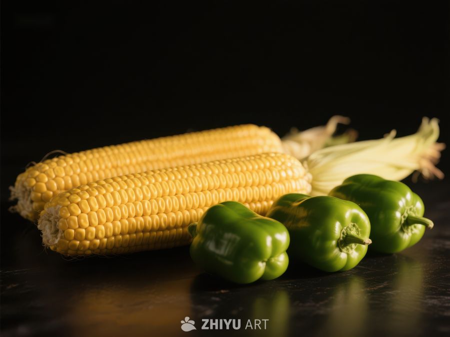 新鲜玉米与青椒的静物组合 350