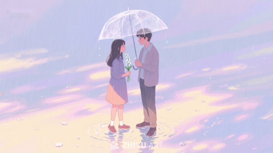 雨中伞下，两人相视而立 675