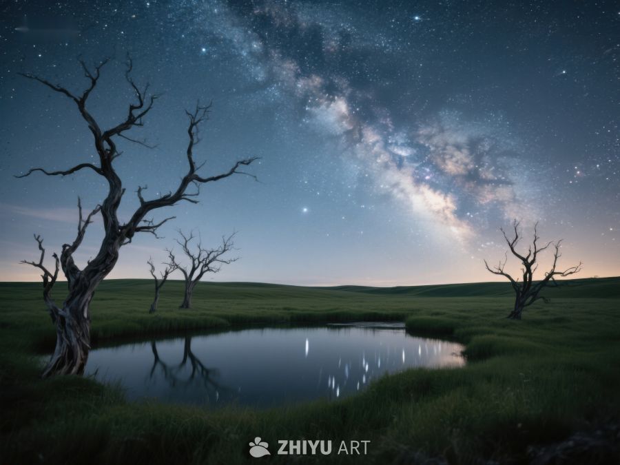 夜空银河下的枯树倒影 428