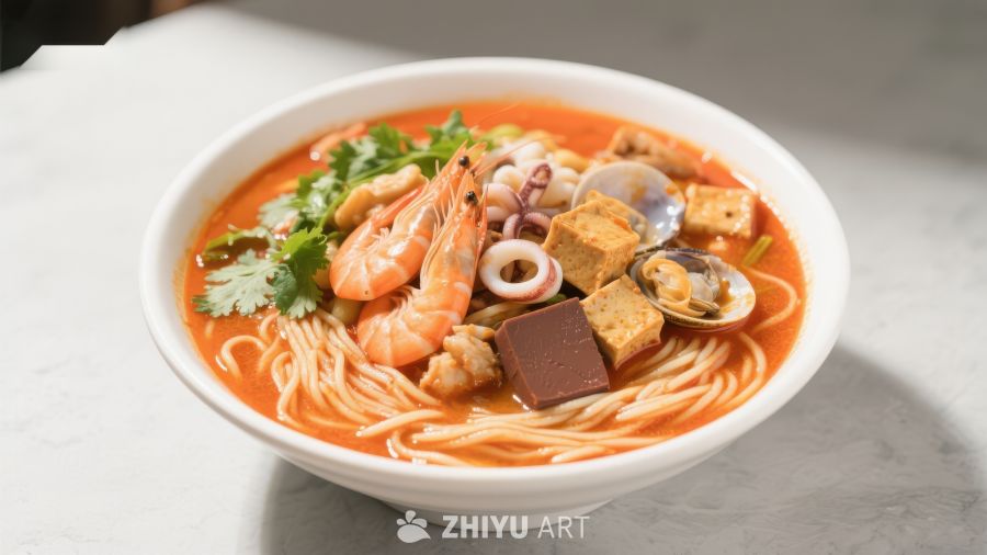 海鲜豆腐面，色彩鲜艳的美味佳肴
