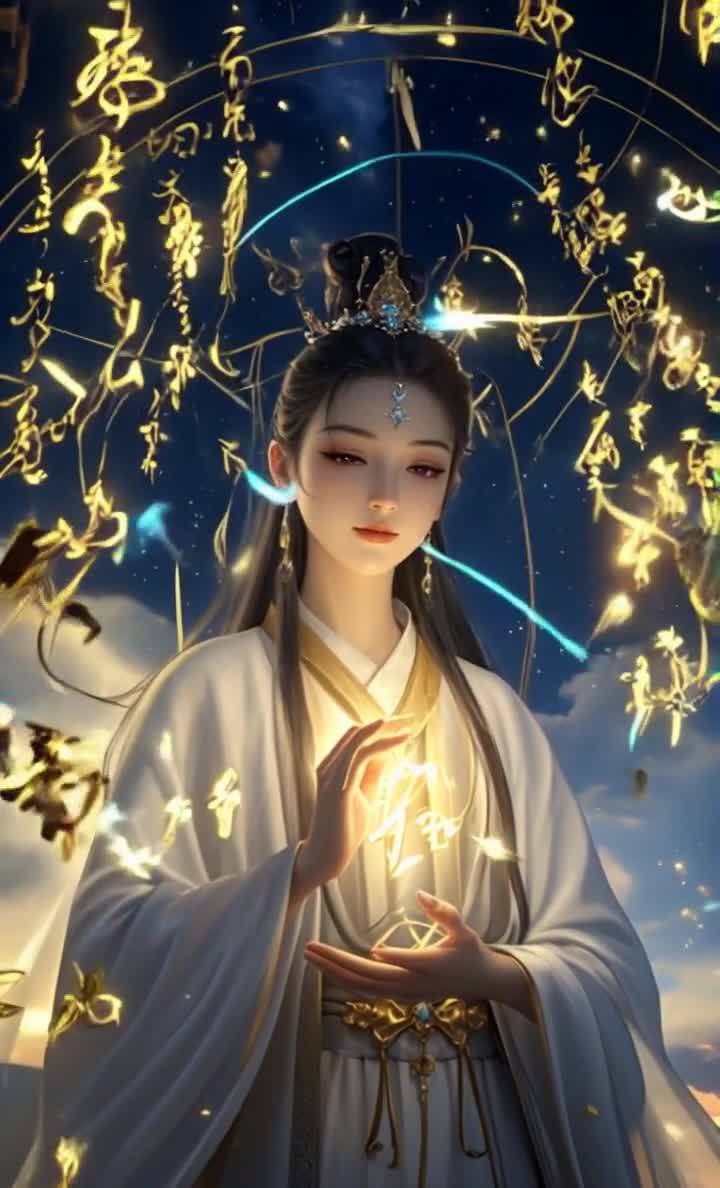 古典美女祈福，星空文字环绕，散发光芒。