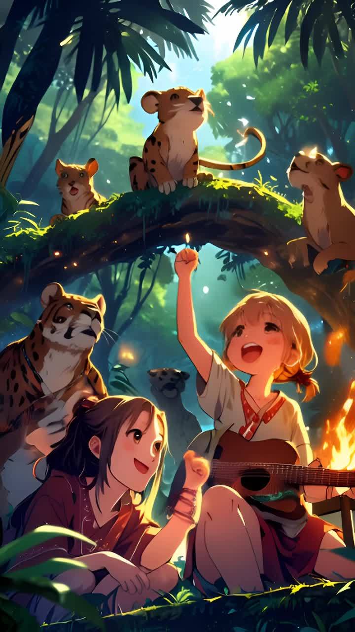 丛林中的庆祝活动持续到深夜。动物们跳舞、盛宴，分享