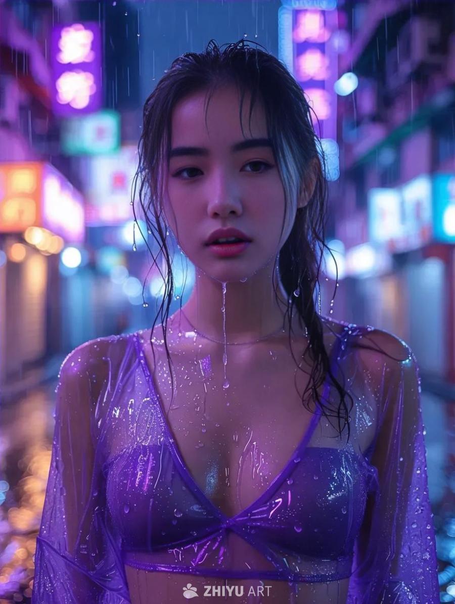 一名年轻女子身穿湿透的半透明紫色上衣，站在霓虹灯闪