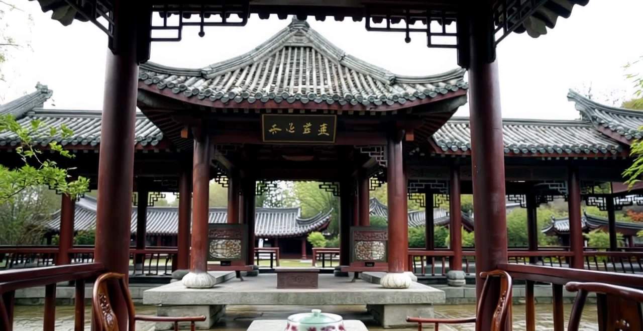 一个中式亭子，由红色的柱子支撑，顶部覆盖着灰色的瓦