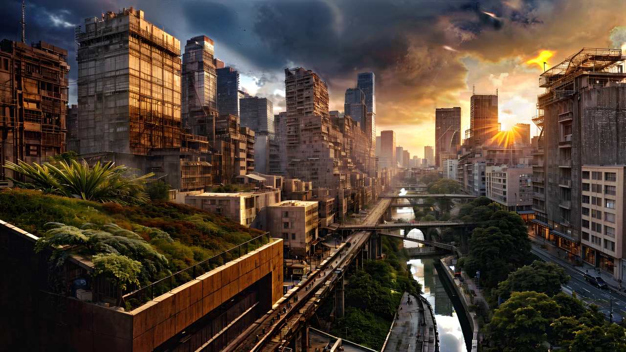 高楼林立的城市景观，天空阴云密布，部分区域阳光穿透