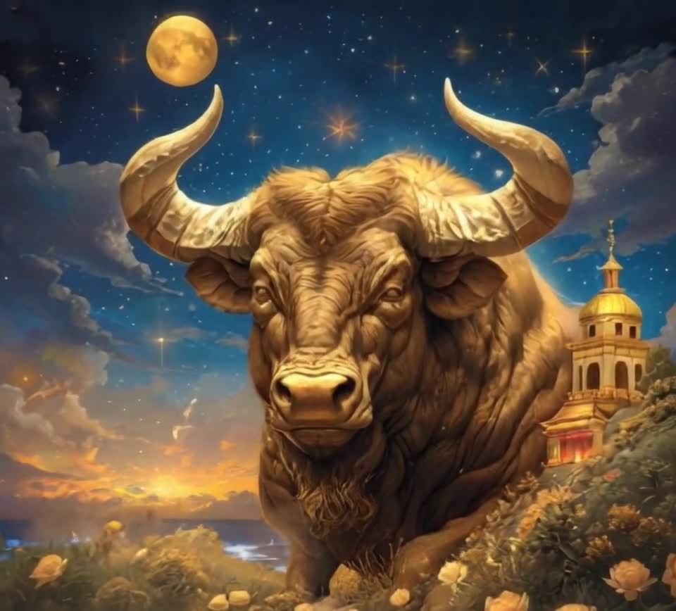 星空月夜金色牛与金色圆顶建筑花海玫瑰
