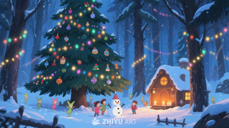 雪夜森林中的温馨圣诞场景 397