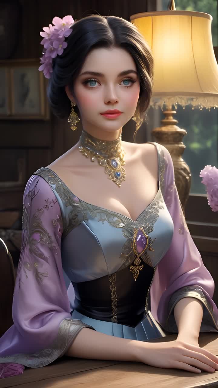 一位女性坐在桌前，她穿着一件淡紫色和淡蓝色的连衣裙