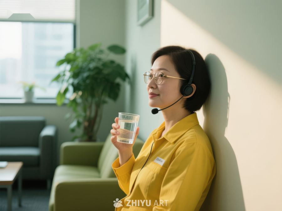 戴耳机的女性手持水杯休息 129