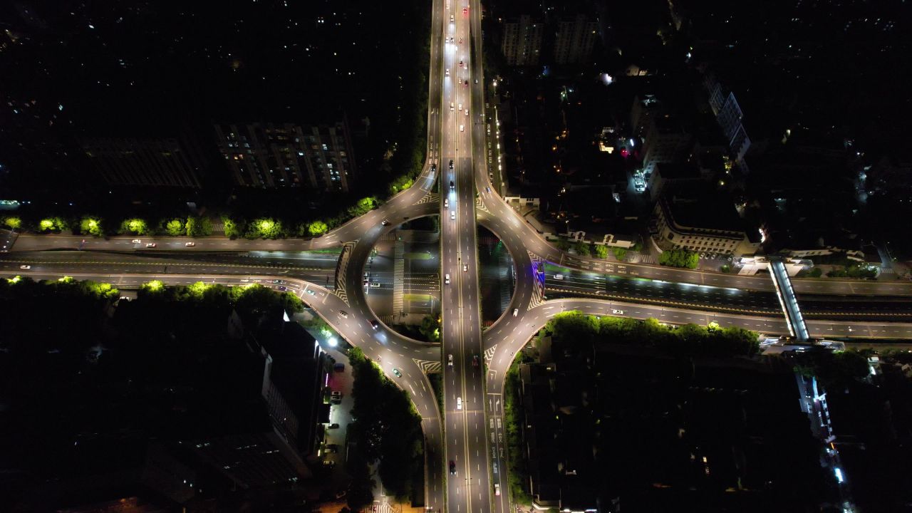 浙江杭州城市夜景灯光交通车两行驶航拍 