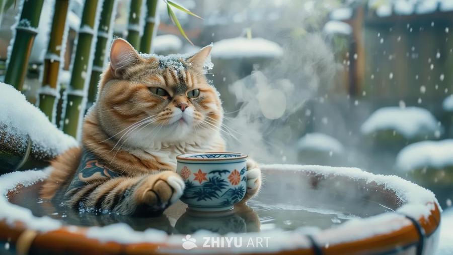 一只毛茸茸的猫浸泡在热水中，身上有纹身，手里拿着一