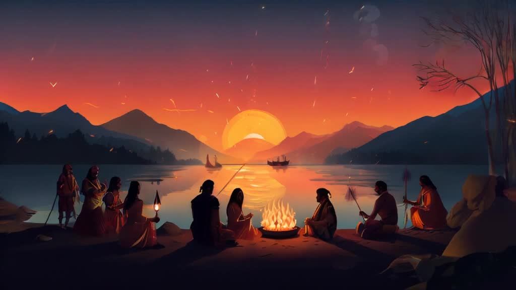 夕阳西下，湖边坐着一群人。湖面上两艘船停靠着。岸边