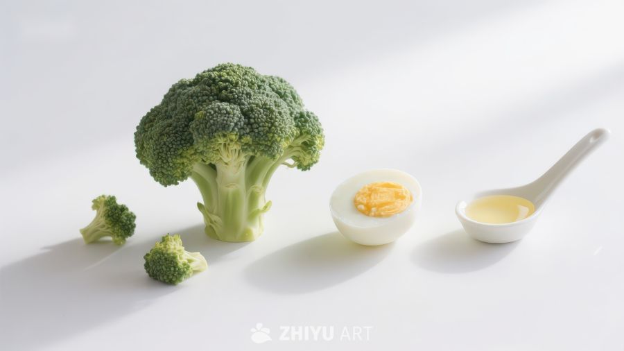 西兰花鸡蛋与油勺静物