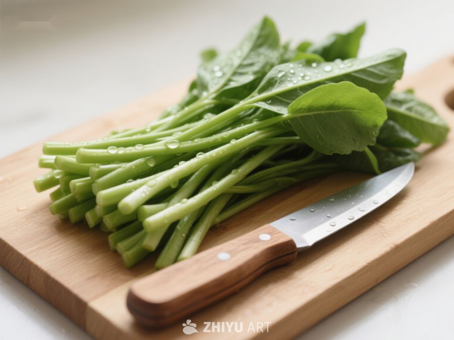 新鲜绿叶蔬菜与木柄刀具 480