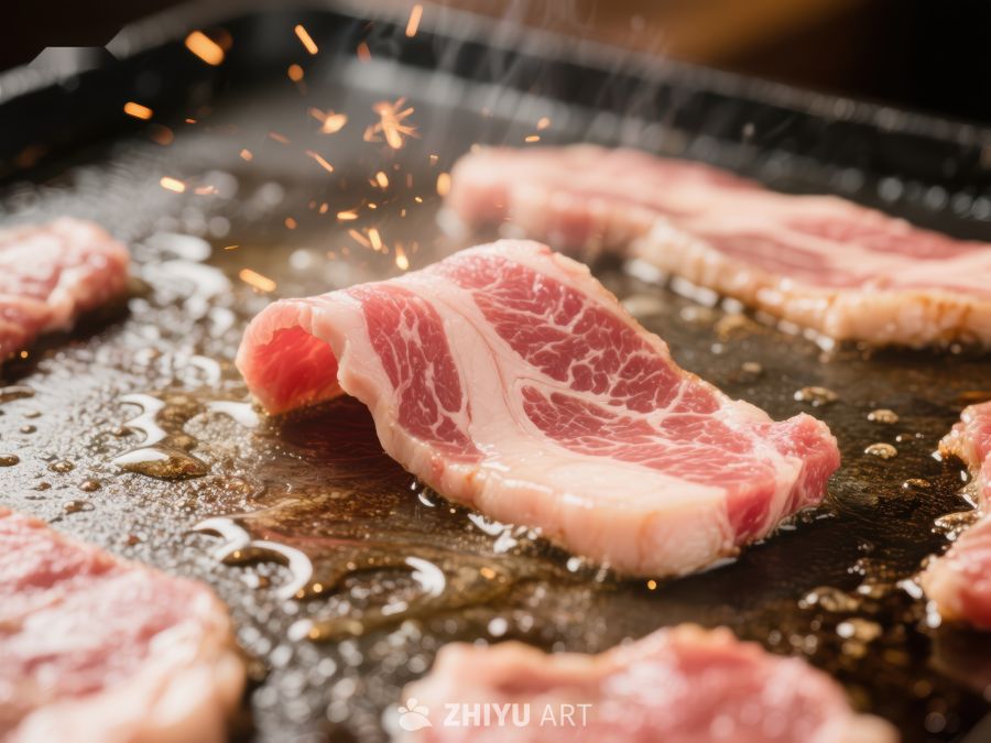 烤肉滋滋作响，油脂四溅