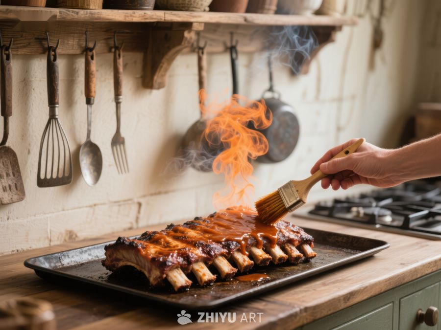 烤制肋排，火焰舔舐肉香四溢