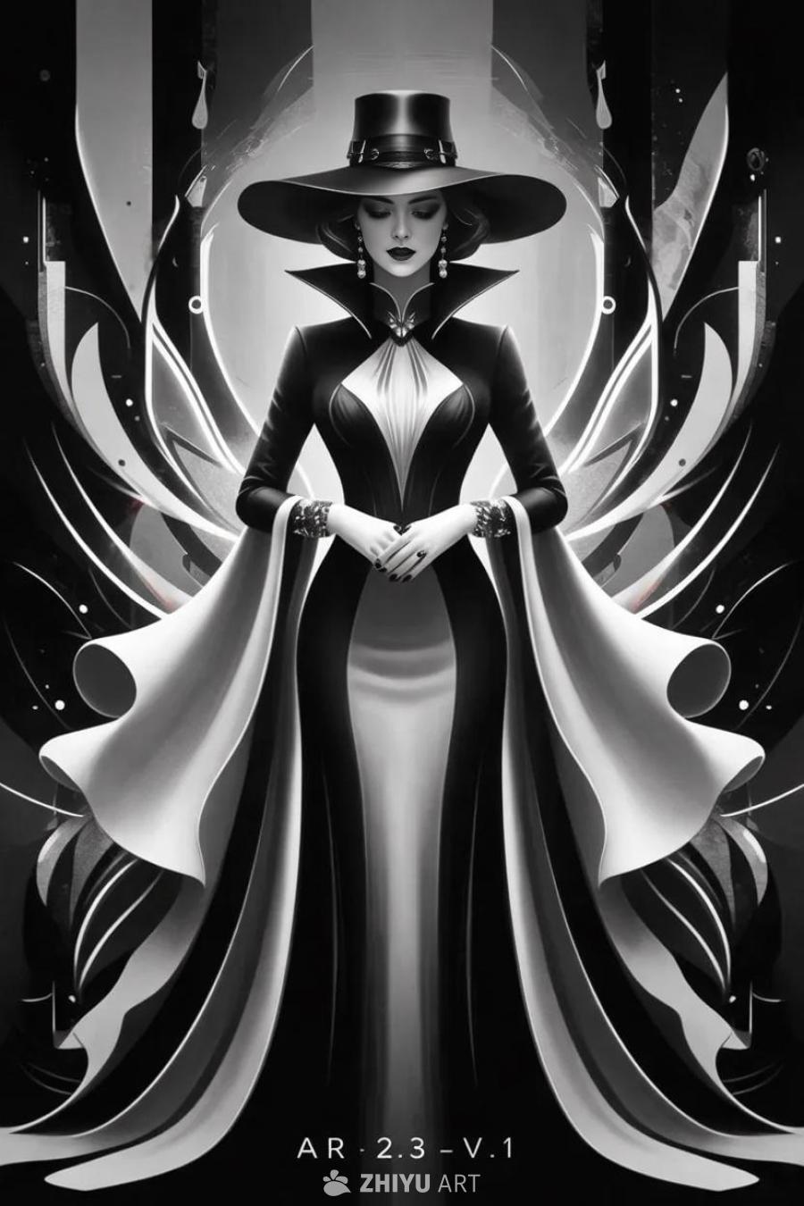 一幅黑白创意艺术作品，画面中一个女人身穿高领长袍，