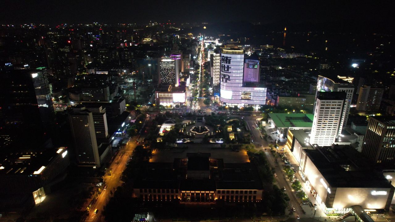 浙江杭州城市夜景交通航拍