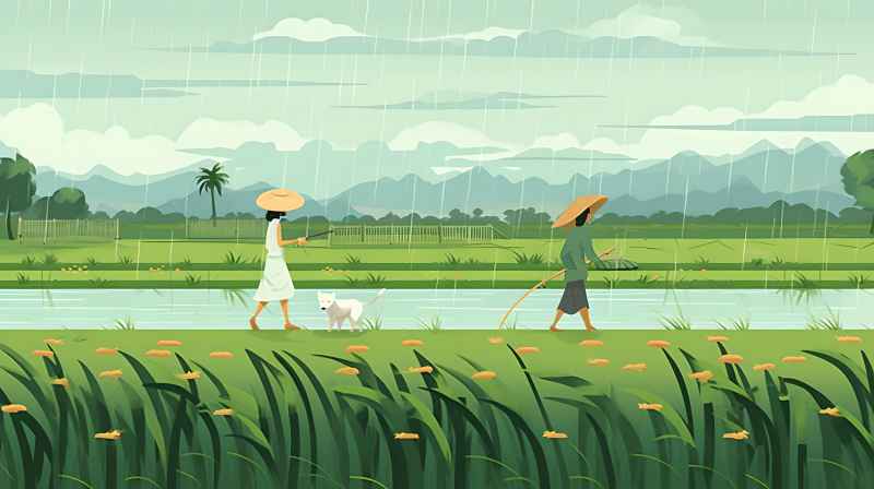 妇女站在稻田与狗，绿色插画风格 12
