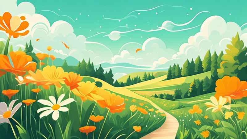 一幅乡村鲜花插画形式柔和圆润背景明亮 27
