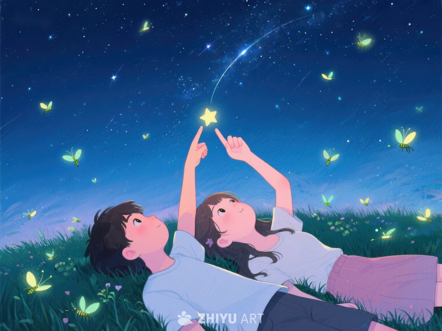 夜空下，两人共赏流星与萤火虫 1032