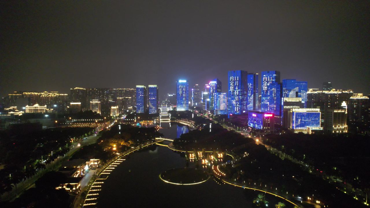 广东佛山千灯湖CBD夜景灯光航拍 