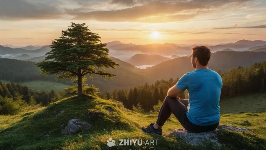 一名男子坐在山顶的石头上，穿着蓝色T恤和深色裤子，