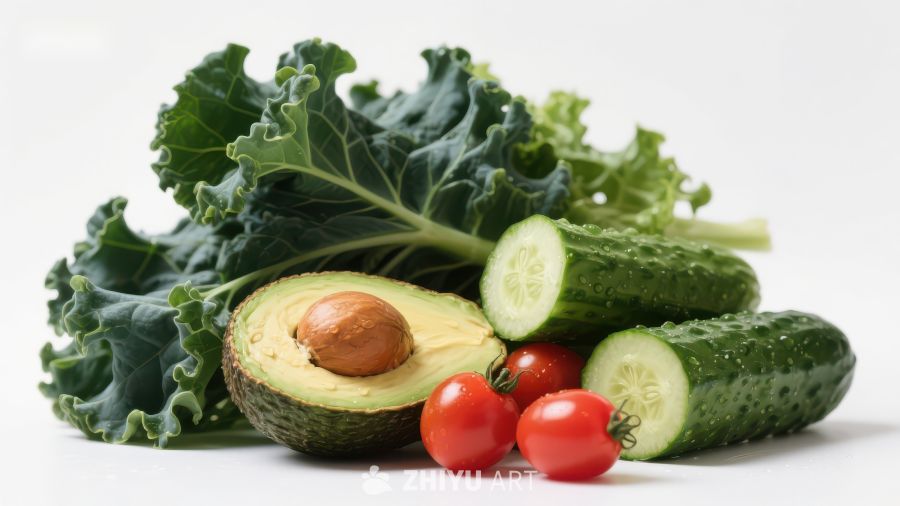 新鲜蔬菜组合：牛油果、黄瓜和樱桃番茄