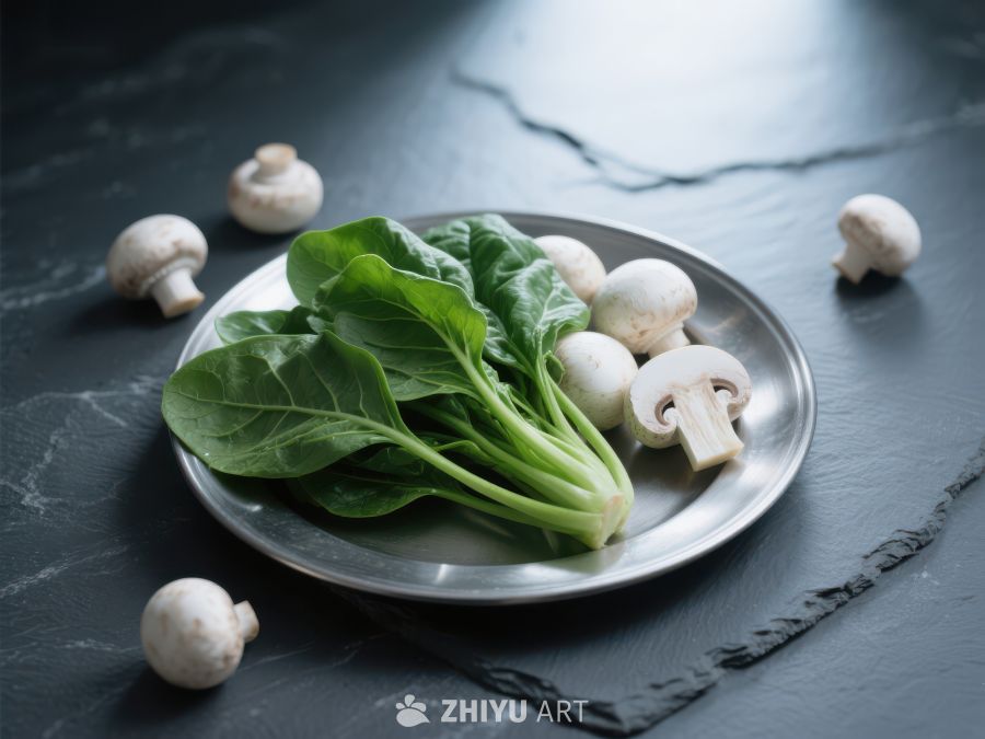 新鲜菠菜与蘑菇的静物组合 424