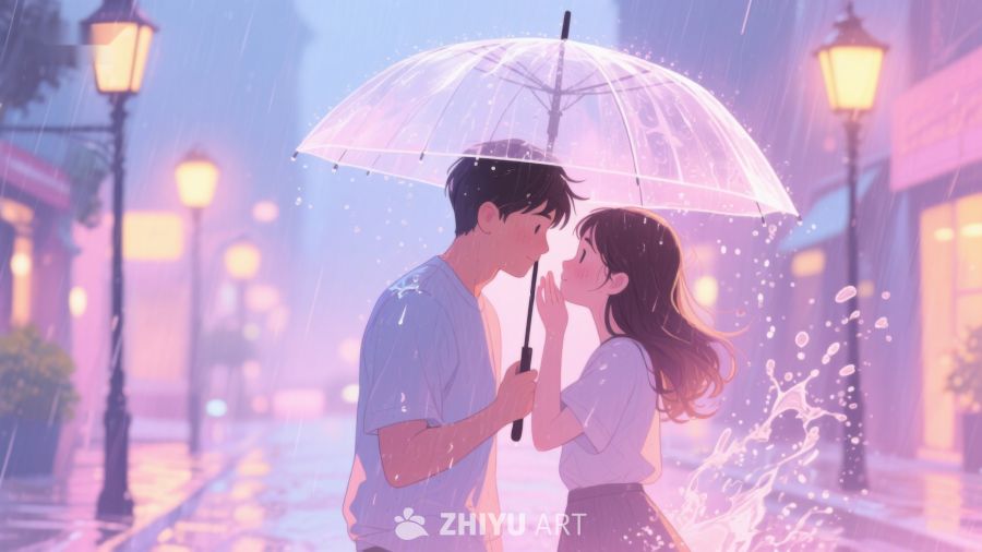 雨中情侣共撑透明伞温馨瞬间 663