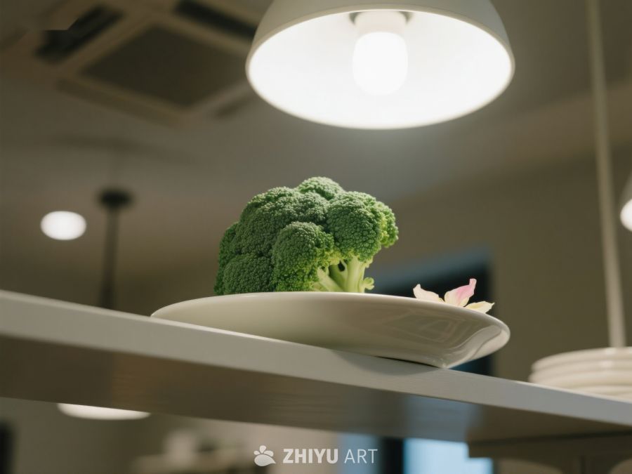 盘中新鲜西兰花，灯光下特写 93