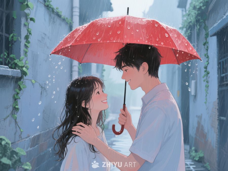 雨中红伞下的温馨时刻 1146