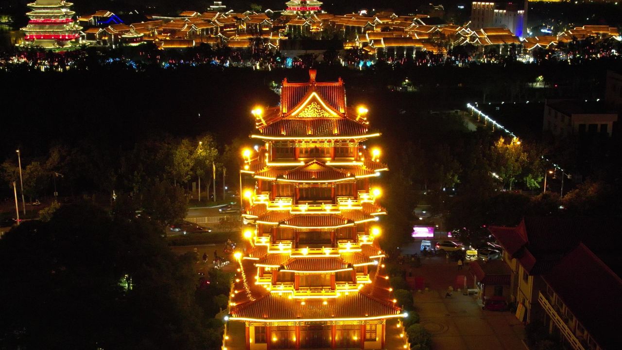 河北沧州清风楼夜景灯光航拍