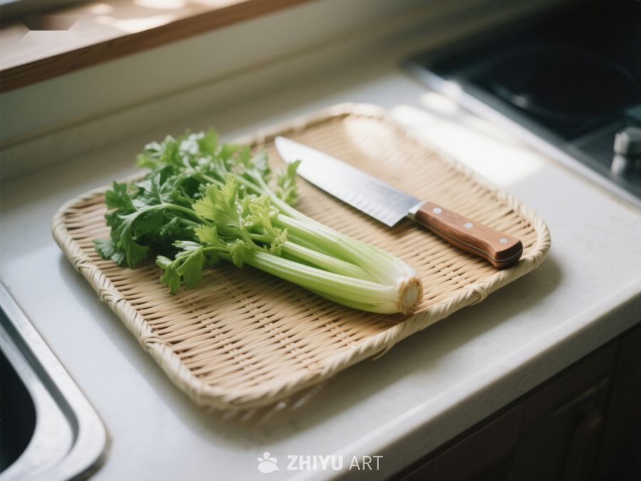 芹菜与刀置于竹制砧板上 307