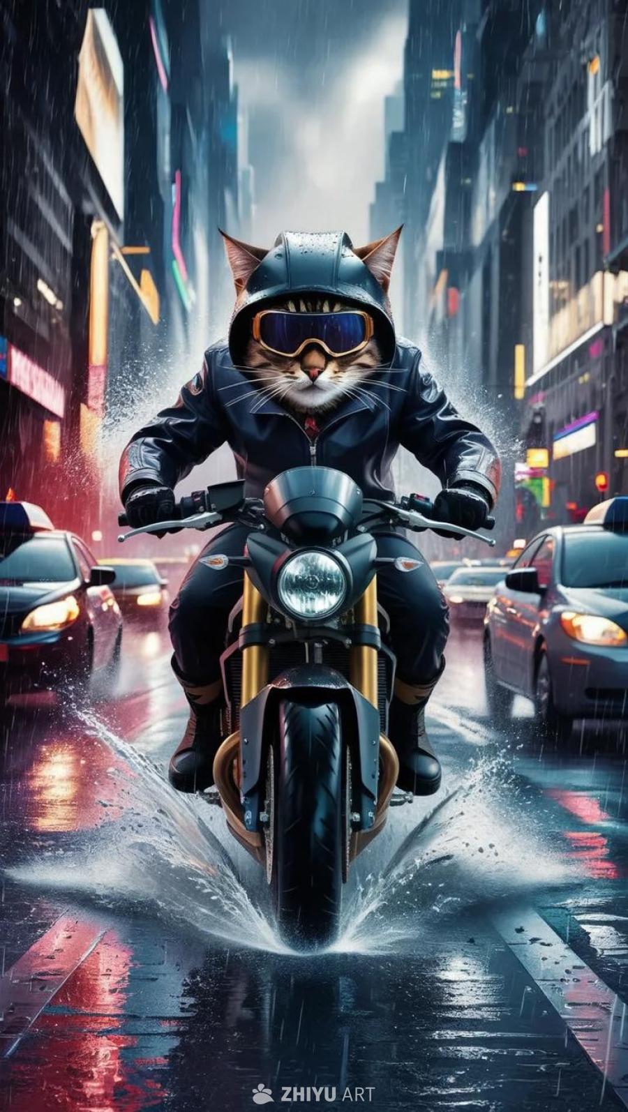 一只戴着风镜、身穿紧身雨衣的猫，骑着摩托车在下着雨