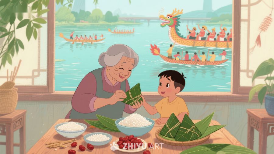 祖孙包粽子，窗外龙舟竞渡 545
