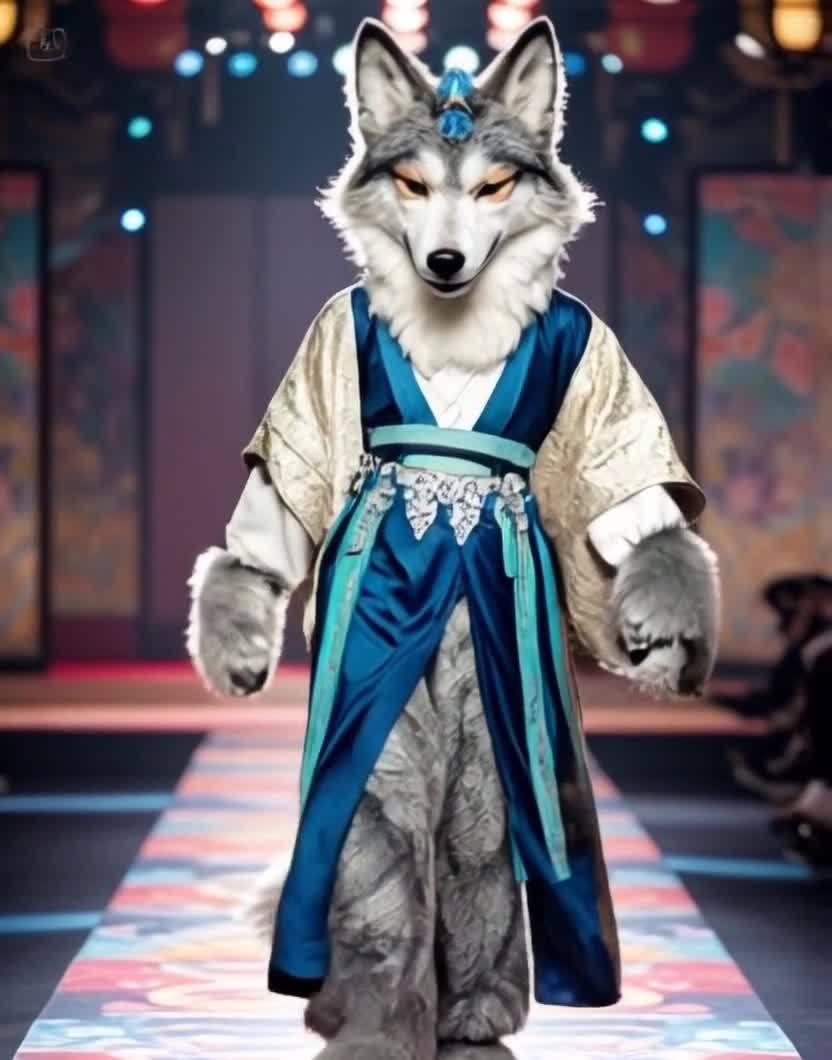 狼形模特穿着蓝金色服装走在T台上