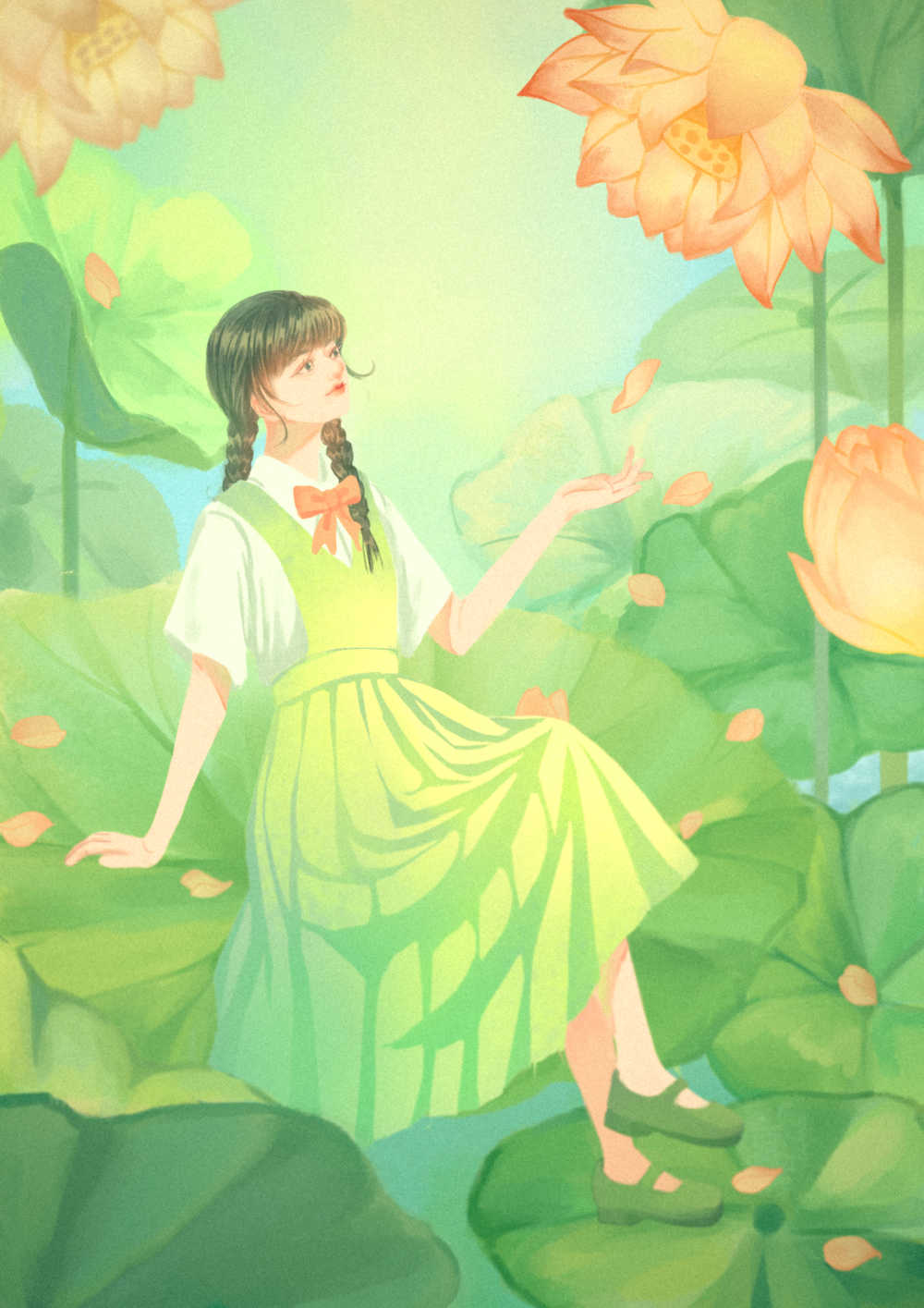 夏日坐在荷叶上荷花穿裙子的的少女插画