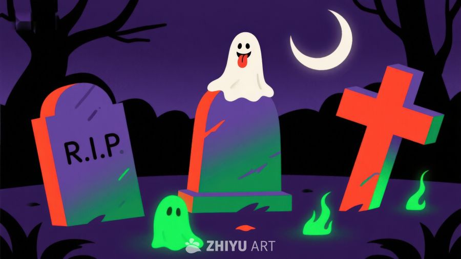 墓地幽灵夜景插画
