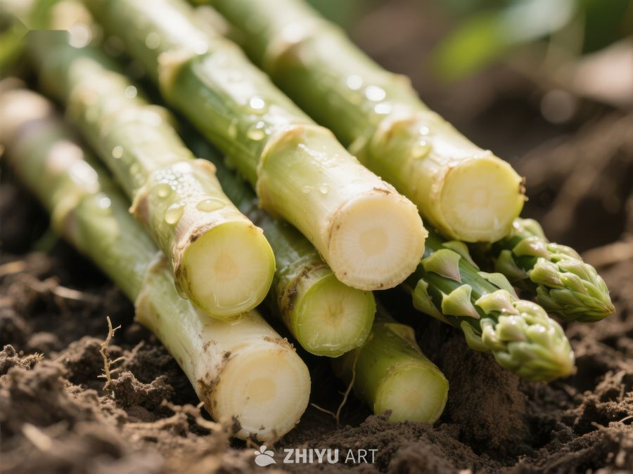 新鲜芦笋堆叠在土壤上 519