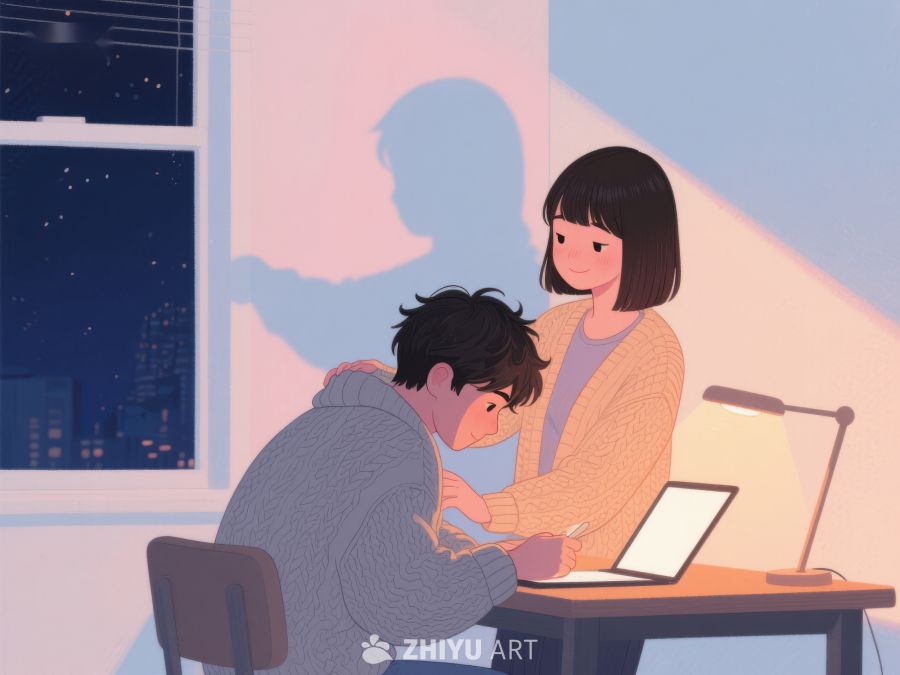 夜晚书房中专心学习的两人 1082