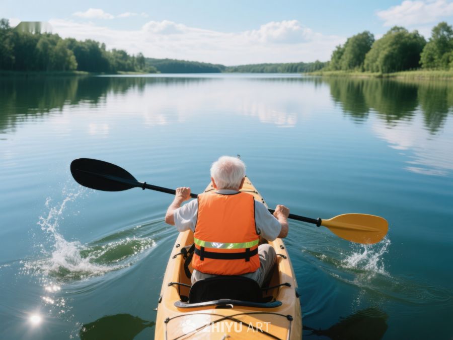 老人划桨独木舟，湖面宁静 405