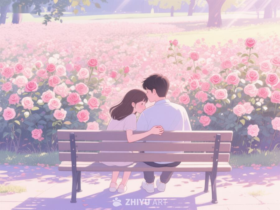 情侣在花海旁的长椅上相拥 576