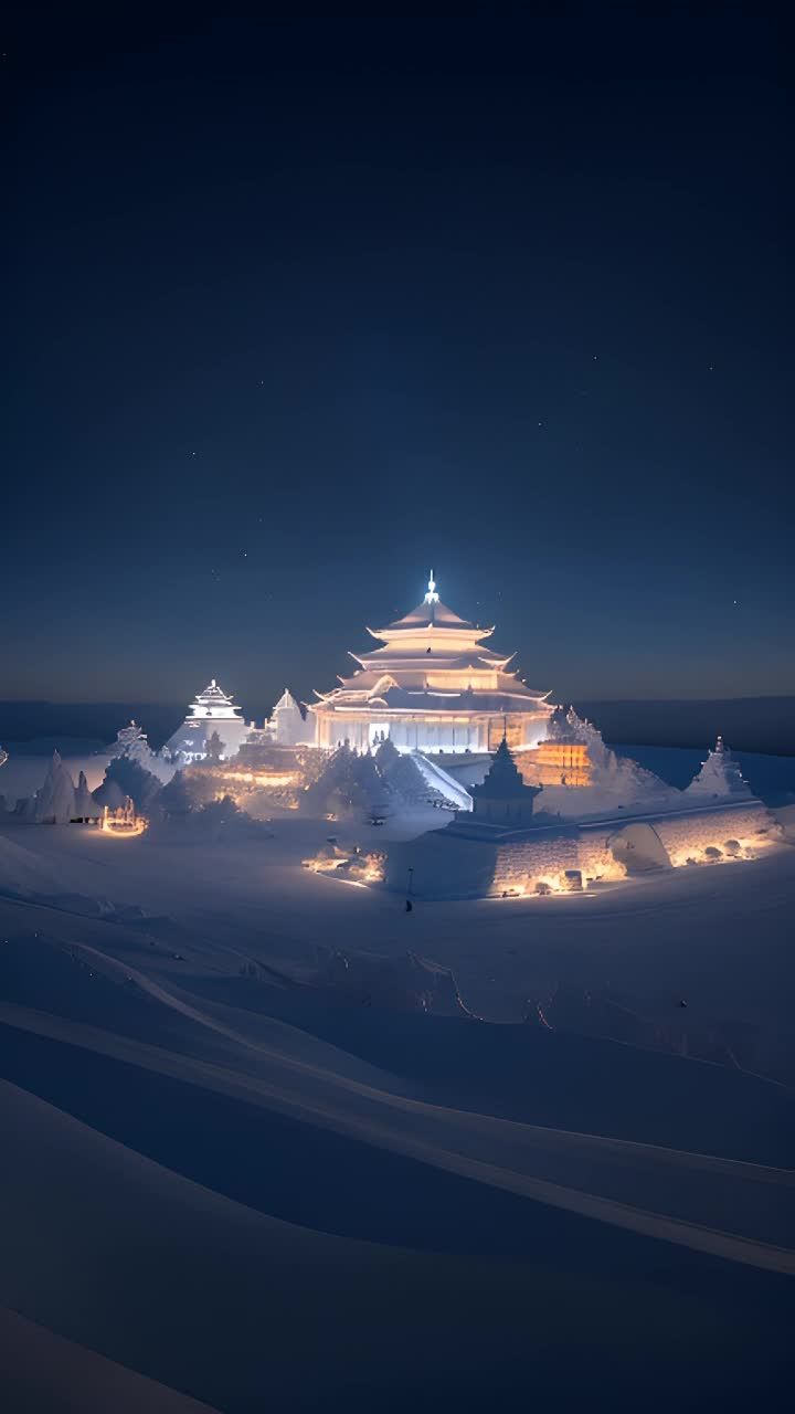 冰雪覆盖的平原上，几座被灯光照亮的宫殿矗立在那里。宫殿的建筑风格似乎是传统的东方建筑，屋顶呈现出弯曲的形状，装饰着精美的细节。周围的环境非常安静，只有雪花轻轻飘落的声音。