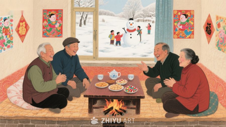 冬日室内欢聚，窗外雪景童趣 13